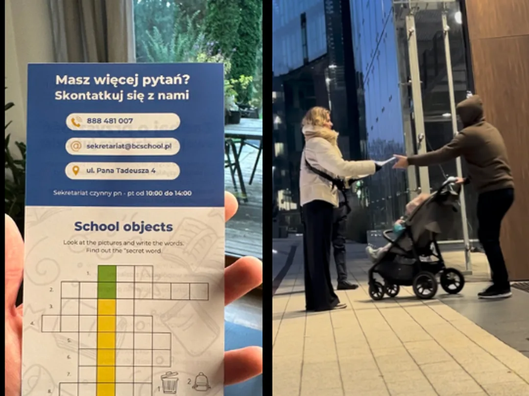Odwrót ulotki BC School z krzyżówką po angielsku oraz rodzice przed wejściem do szkoły